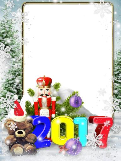 Прочие детские рамки. Рамка, фотоэффект: Рамка с надписью 2017. Одинарная рамка на 2017 год. Мишка в шапке деда мороза, щелкунчик, ветки ёлки и фиолетовые, новогодние шары.