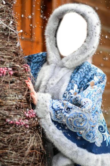 Фоторамка для фото Новогодний коллаж для женщины Фоторамка для вашего творчества Красивое голубое манто, отороченное голубой норкой. Костюм Снегурочки.