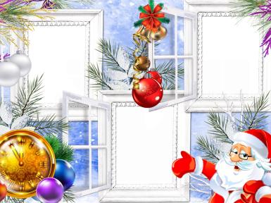 Тройная фоторамка с Дедом Морозом. Рамка для трех фото. Фотографии в окошках. Дед Мороз, Санта Клаус, золотые часы, елочные игрушки, разноцветные шарики, колокольчики, ветки елки, снег, зима, окна.