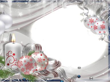 Фоторамка для фото Светлая рамка Фоторамка для вашего творчества Рамка с овальным вырезом. Белые игрушки с рисунком снежинок из тончайших красных линий. Горящая свеча.