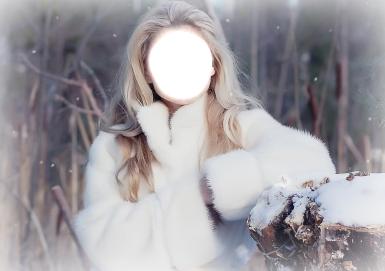 Блондинка в шубе. Коллаж, фотомонтаж. Девушка, блондинка, белая шубка, зимний лес.